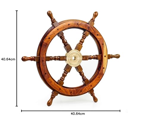 Image of Nagina International Natural Wood Handcrafted Ship Wheel With Inlayed Brass Anchor And Rippets| Ocean Maritime Navy Decor (16 Inches)