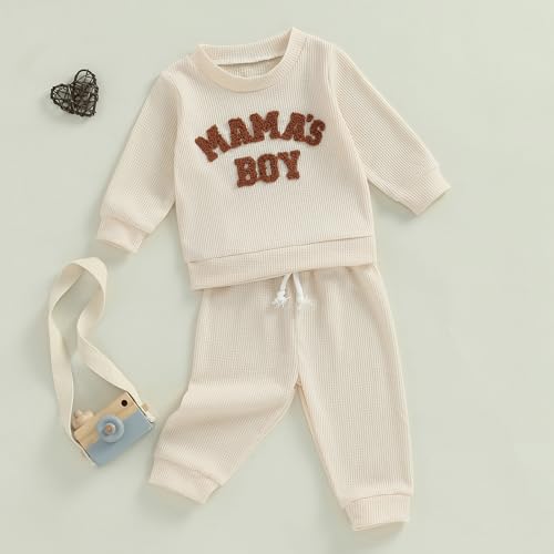 MERSARIPHY Toddler Baby Boy Clothes Waffle Knit Outfit Mama's Boy Little Dude Sweatshirt tops Pants Set Fall Winter Clothing2