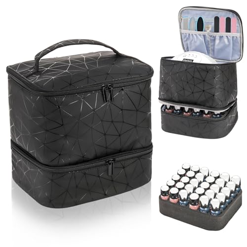 ZOOFOX Nail Polish Organizer Case Double-Layer Nail Polish Carrying Bag with Handle PU Leather Nail Organizers and Storage Bag for Manicure Accessories Black
