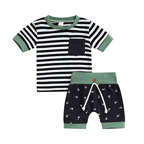 Image of Newborn Baby Boy Clothes Summer Short Sleeve T-shirt Tops Solid Color Shorts 3 6 9 12 18 Months Boy Casual Outfits (Dark Green, 3-6 Months)