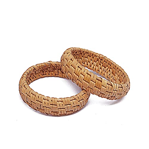COLORFUL BLING 2Pcs Handwoven Wooden Braided Rattan Knit Cuff Bracelet Natural Bamboo Square Round Geometric Chunky Wrap Bangle for Women Ethnic Tribal Wrist Jewelry2