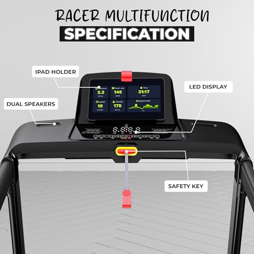 Image of Durafit91 Racer Multifunction 5 HP Peak BLDC Motorized Treadmill| 120 Kg User Weight| 16 Km /Hr Max Speed | Hydraulic Foldable| Bluetooth Speaker | Wynd app | Home use