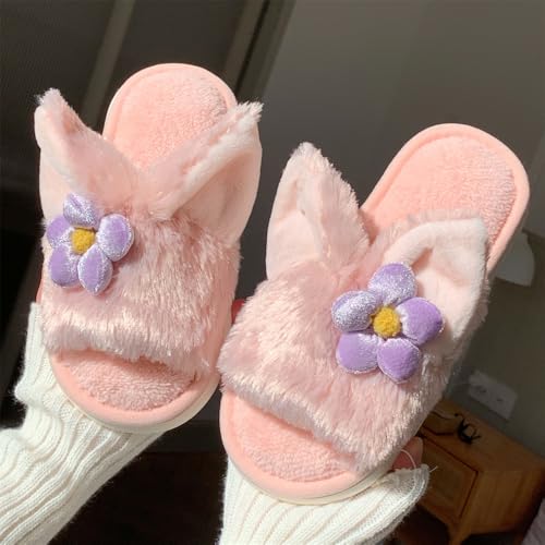 ZQW Pink Cozy Plush Animal Slippers Fluffy Fuzzy Fox Ears Slip On Slides Soft Warm Closed Toe Indoor Shoes for Women Winter4