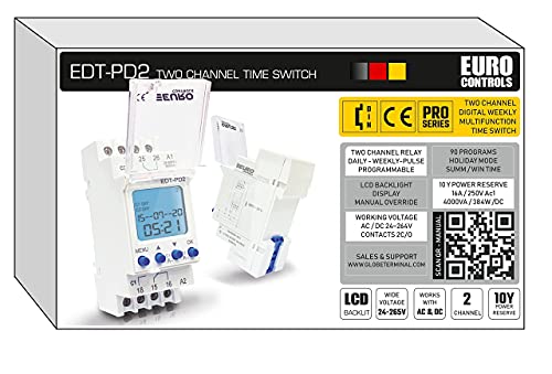 Image of EuroControls Euro Controls EDT-PD2 German Tech - 2 Independent Channel Timer - 24 to 265 V AC /DC - LCD Backlit - 80 Programs Daily /Weekly /Pulse /Holiday modes - Electronic Timer Switch relay