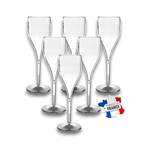 SPARKLERS CLUB Flute à Champagne INCASSABLE Transparentes 12cl - Lot de 6 - Verre en SMMA (équivalent TRITAN), MADE IN FRANCE, Prise en Main facile, Flute pour soirée et évènements