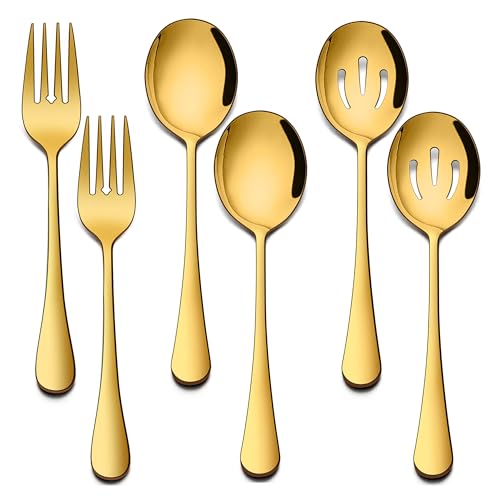 Homikit Stainless Steel Gold Serving Utensils Set of 6, 8.7 Inch Metal Serving Spoons Slotted Spoons Forks Hostess Set for Catering Buffet Party Banquet Restaurant, Mirror Polish, Dishwasher Safe