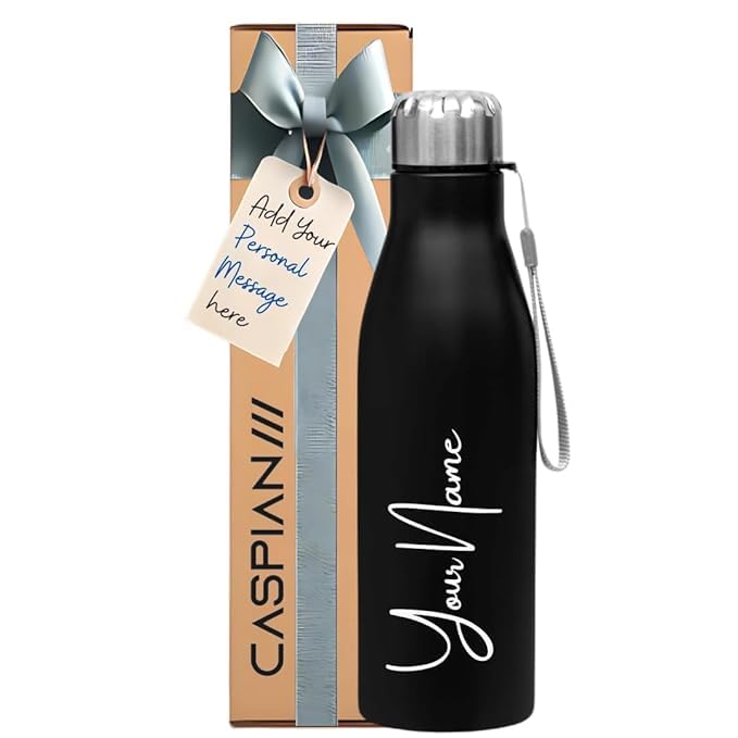Image of CASPIAN / / / Bolt Customised Stainless Steel Water Bottle 1L, Religious Symbol Print with Name - Spiritual Personalised Bottle for Temple, Office, Yoga & Corporate Gifting (Black)