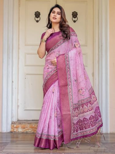 Image of ALMAARI FASHION Floral Printed Cotton Saree for Women with Handloom Zari Weave, Traditional Lightweight Ethnic Saree for Wedding Festive Office Party with Blouse Piece (LINEN 81-90 SH)