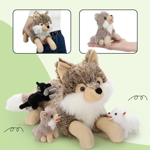MorisMos liegend Wolf Kuscheltier XXL, 50cm riesen groß Plüschtier Wolf mit 3 Baby, PlüschWolf Stofftier Weich Spielzeug, Geburtstag Geschenk für Kinder