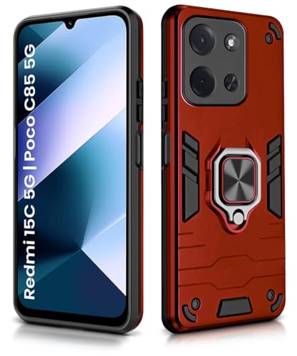 Image of WOW IMAGINE Shock Proof Back Case Mobile Cover for Mi Redmi 15C 5G | Poco C85 5G 2025 | Back Cover Case (Tough Armor | Hybrid PC + TPU | Ring Holder & in-Built Kickstand | Red)