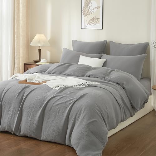 Boqingzhu Muslin Bettwäsche 135x200 cm Baumwolle Grau Anthrazit Sommerbettwäsche Weich Kühlend Atmungsaktiv Sommer Bettbezug Einzelbett und...