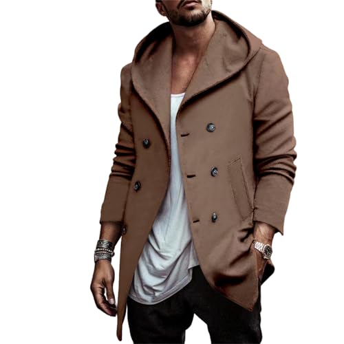 Thatrich Men's Hooded Peacoat Mid Length Trench Coat Oversized Hoodie Jacket Double Breasted Suit Casual Windbreaker Outwear