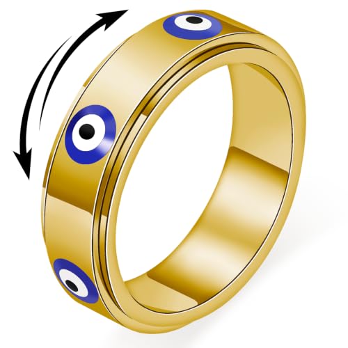 Evil Eye Fidget Ring for Women - 18K Gold Plated Stainless Steel Spinner Rings for Anxiety Relief Ojo Turco Ring Luck Amulet Turkish Faith Protection Stackable Jewelry Gift for Women Men (Gold 7)