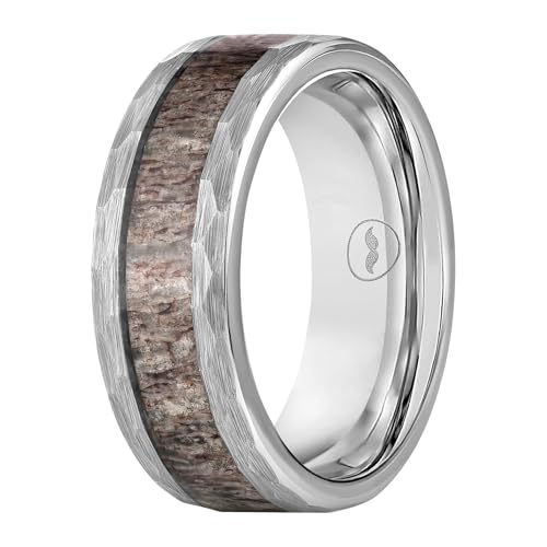 Gentlemen's Bands Silver Tungsten Hammered Men's Wedding Band with Deer Antler Inlay | Premium Tungsten Engagement/Wedding Ring for Men 8mm | Includes Silicone Band, Leather Pouch & Luxury Walnut Box