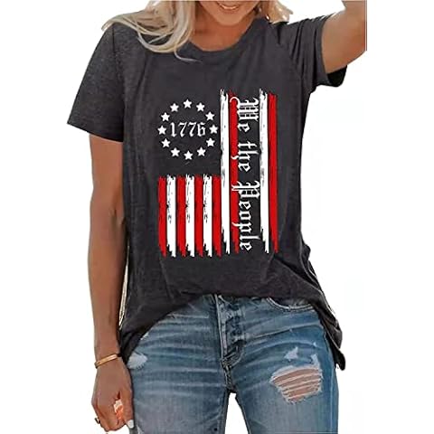 Aceshion Patriotic Shirts for Women 1776 USA Flag Vintage Graphic Tshirts Independence Day Short Sleeve Tops (X-Large, Gray_Flag) Cover