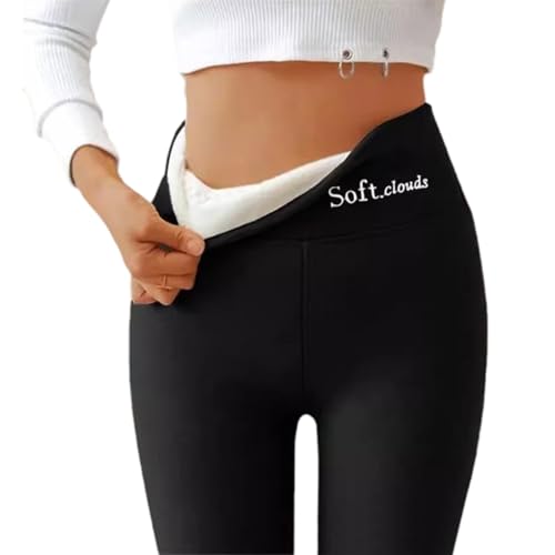 Soft Clouds Fleece Leggings for Women Winter - Casual High Waist Warm Pants (L,A-Black) [���s�A���i]