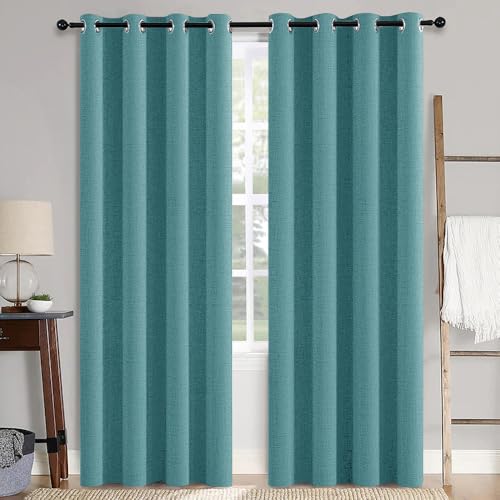 Image of MIULEE 100% Blackout Linen Textured Curtains for Bedroom Solid Thermal Insulated Teal Grommet Room Darkening Curtains & Drapes Luxury Decor for Living Room 52 x 108 Inch (2 Panels)