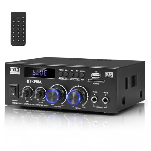 Romica Amplificateur Audio HiFi Stéréo Bluetooth 5.0, 2 Canaux 2x450W avec Radio FM, USB, SD, Entrées Optique/Coaxiale, Compatible Enceintes Passives et Caisson de Basses Actif, pour Cinéma Maison