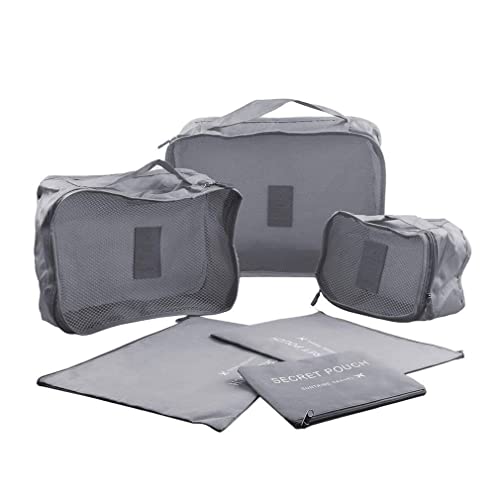 Image of 6 in 1 Polyester Secret Pouch Travel Bag Packing Cubes Laundry Bag with Undergarments & Cloth Storage Organizer Travelling Set /Suitcase Cloth Cube Bag (6 PC SET GREY)