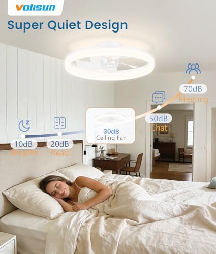 Image of VOLISUN Low Profile Ceiling Fans with Lights and Remote, 20in Fandelier Ceiling Fan Flush Mount, 3000K-6500K Smart Bladeless LED Fan Light, White Modern Ceiling Fans with Lights for Bedroom