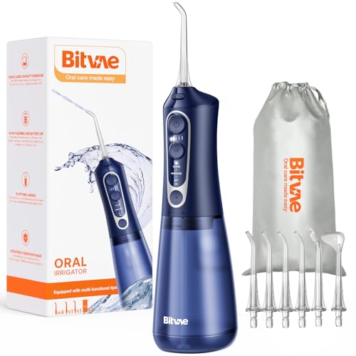 Bitvae Water Dental Flosser Teeth Pick, Cordless Flosser for Travel with 6 Jet Tips, 3 Modes 5 intensities, IPX7 Waterproof Portable & Rechargeable Oral Irrigator Cleaner, Midnight Blue
