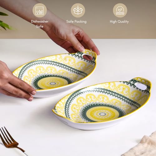 Image of Nestasia Set of 2 Yellow and Green Mandala Design Ceramic Long Oval Platter with Handles for Serving Snacks, Appetizers, Salads, and Noodles | Microwave Safe, Dishwasher Safe (10.8 Inch)