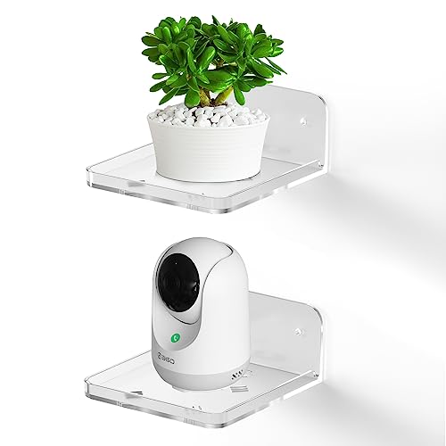 Blanou Acrylic Small Wall Mount Floating Camera Shelf 2 Pack Baby Monitor Holder, Echo Dot 5th Wall Mount Storage, Clear Mini Flexible Shelf for Bathroom, Bedroom, Kitchen