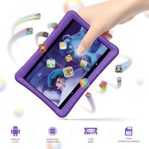 Image of Contixo K102 10 inch Kids Tablet Bundle - Wireless Kids Headphones, 32GB, Learning Educational Apps, Parental Controls, Dual Cameras, Shockproof Case with Kickstand & Stylus, Ages 3-7 - Purple