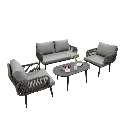 kozamas Juego de muebles de jardín de 5 piezas, con sofá de 2 plazas, 2 sillones y mesa de café, resistente a la intemperie y cómodo para balcón, terraza y jardín, color gris