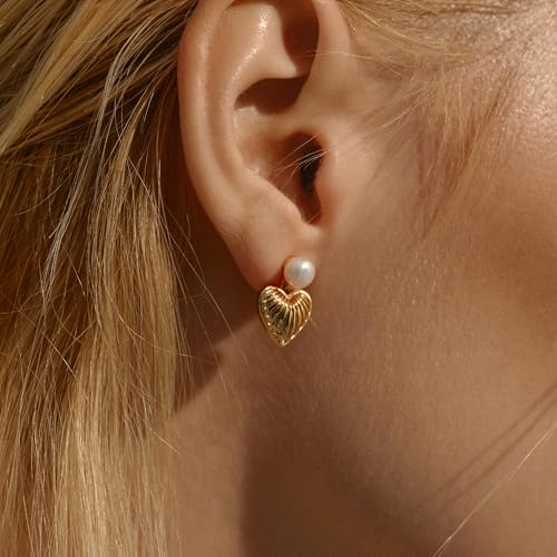 Heart Earrings for Women, 18K Gold Plated Sterling Silver Posts Heart Drop Earrings Vintage Fashion Tiny Gold Pearl Earrings, Trendy Lightweight Love Drop Dangle Stud Earrings Jewelry Gifts3