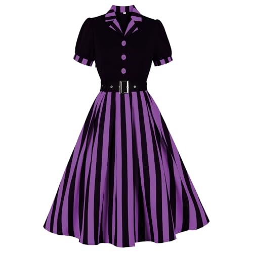 Damen 50er Jahre Stil Vintage 1950er Polka Dot Gestreiftes Kleid Retro Audrey Hepburn Rockabilly Cocktail Swing Kleid mit Gürtel, Lila gestreift,...