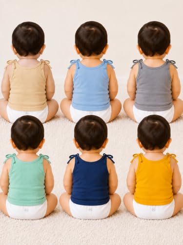 Image of Kidbee Baby Cotton Hosiery Tie-Up Jabla Pack of 6 | Soft Sleeveless Tank Tops & Baby Vests for Newborn Infants, Boys & Girls