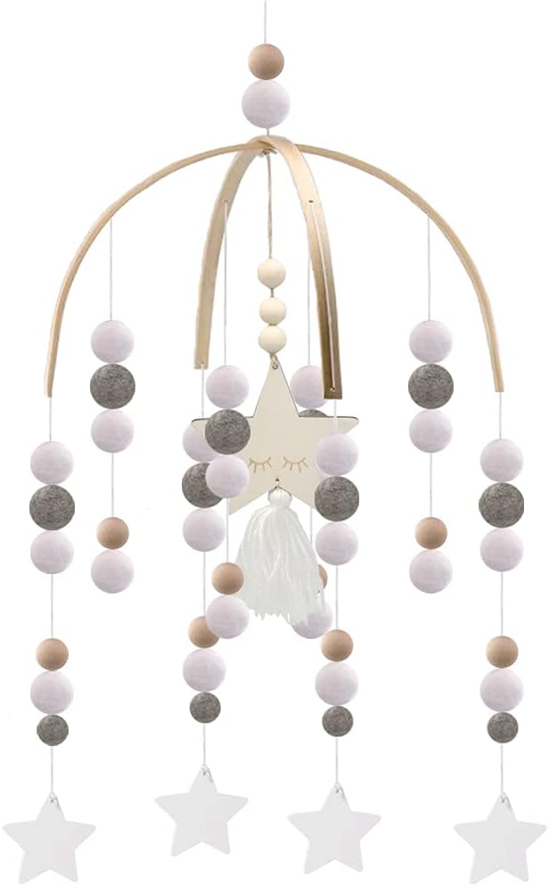 Mobile for Crib,Neutral Baby Crib Mobile Nursery Cot Mobile, Handmade Wooden Bead Bed Felt Baby Ceiling Mobiles,Boho Crib Mobile,Baby Nursery Mobile for Kids Room Nursery Decor（Gray-Star）