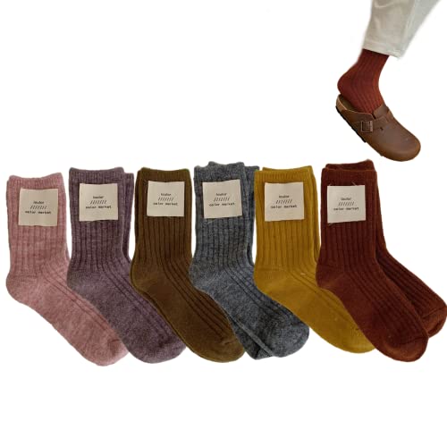 LilRoot 6 Pairs Women Natural Tones Color Crew Socks Girls Wool Aesthetic Socks Knit Boot Socks Warm Novelty Casual Dress Socks (6 Pack Earth Tones)