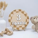 Wooden Baby Monthly Milestone Sign, 1–12 Month Round Photo Prop Set, Checker Pattern Neutral Nursery Decor, Newborn Growth Tracker Keepsake Gift