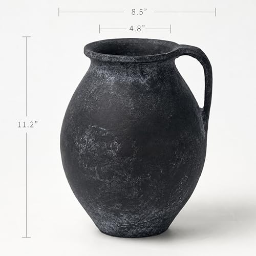 LB2 Black Ceramic Large Vase, 11.2" Tall Zen Style Vase, Terra Cotta Pitcher, Distressed Farmhouse Decor, Pottery Decorative Flower for Home Decor (D - Black 11.2") - Image 3