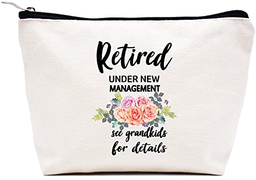 Retired Under New Management See Grandkids For Details - Makeup Bag Cosmetic Bag Travel Pouch - Funny Retirement Appreciation Gifts for Women,Nurse,Teacher,Boss,Co-worker,Friends,Wife,Mom