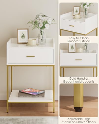 Image of Masupu Nightstand, 3-Tier Modern Bedside Night Stand with Storage Drawer and Shelf, Large End Side Table for Bedroom, Living Room, White