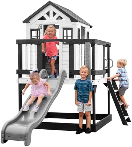 Backyard Discovery Sweetwater Heights White Elevated Cedar Wooden Kids Playhouse with Wave Slide, Play Kitchen, Step Ladder, Half Door, Wrap-Around Deck, Windows, Bell, Growth Chart for Outdoor Play