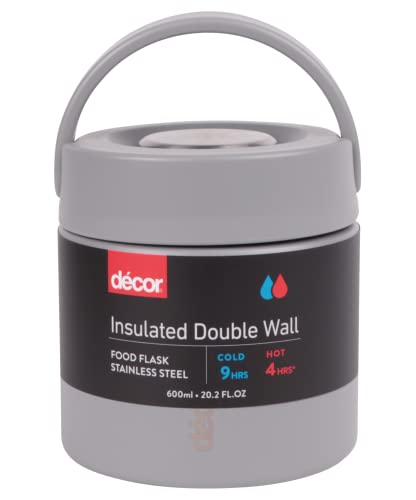 Décor Vacuum Insulated Food Flask 2-in-1 Hot & Cold Stainless Steel Food Container, 600 ml Thermal Food Thermos with Leak-Resistant Carry Handle, Wide Mouth, for Work Travel & Camping - Grey