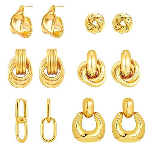 6 Pairs Gold Dangle Earrings for Women, 14K Gold Plated Earrings Geometric Knot Drop Huggie Earrings Trendy Jewelry Gifts