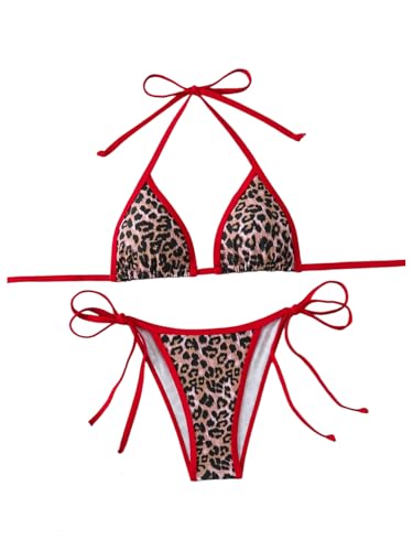 BEAUDRM Women's 2 Piece Leopard Bikini Set Cheetah Halter String Triangle Bathing Suits Swimsuit Red Small