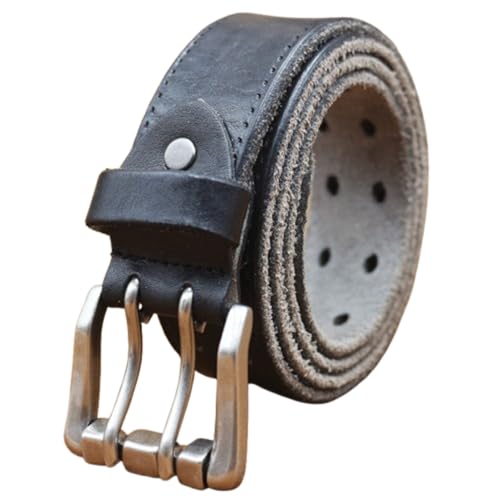 Men's Work Belt, Heavy Duty Full Grain Leather Vintage Distressed Double Prong Roller Buckle,2 Holes Waist Strap(130cm/51, Black)