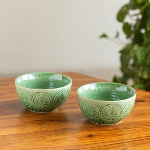 Image of ExclusiveLane 'Mandala Duo' Hand Glazed Ceramic Bowls for Serving Bowl Set (Set of 2, 440 ml, Microwave Safe, Dishwasher Safe, Green) | Kitchen Bowl Ceramic Serving Bowls for Snacks Serveware