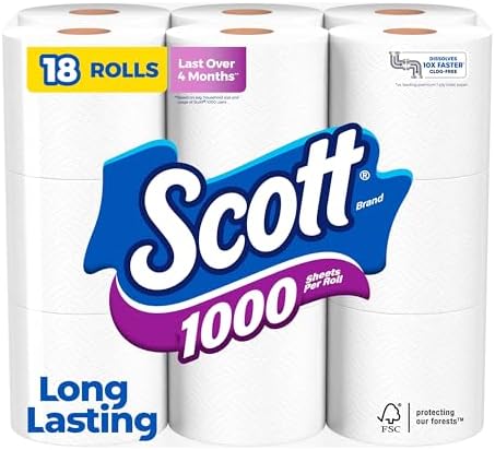 Scott 1000 Toilet Paper, 18 Rolls, Septic-Safe, 1-Ply Toilet Tiss...