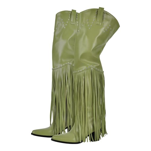 Image of richealnini Western Thigh High Cowboy Boots with Fringe Over Knee Wide Calf Cowgirl Boots