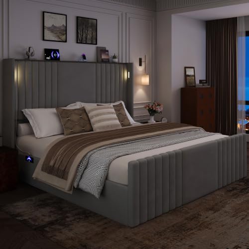 Image of King Size Bed Frame with 55.1 inch Tall Headboard, Velvet Upholstered Platform Bed with Channel Tufted Wingback, 2 Reading Lights /Storage Shelf /Charging Station /Easy Assembly /Noise-Free, Grey