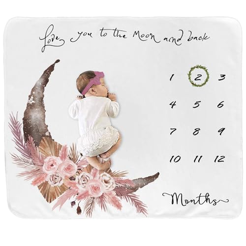 Image of fundich Baby Milestone Blanket for Baby Girl, Newborn Monthly Milestone Blanket, Baby Growth Chart Blanket, Boho Nursery Decor for Girls, Photo Prop with Wreath&Headband 45”x40”