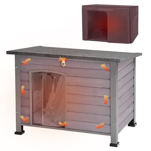Aivituvin Hundehaus Indoor Outdoor Holz Hundekennel für den Winter, wetterfest, geeignet für kleine, mittlere und große Hunde, einzigartiges Ganzumfassung Stahlrahmen (Grau, L mit isolierter)