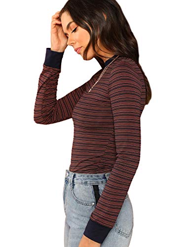 SheIn Women's Casual Mock Neck Striped Tee Tops Long Sleeve Slim Fit T-Shirts Small Multicolor